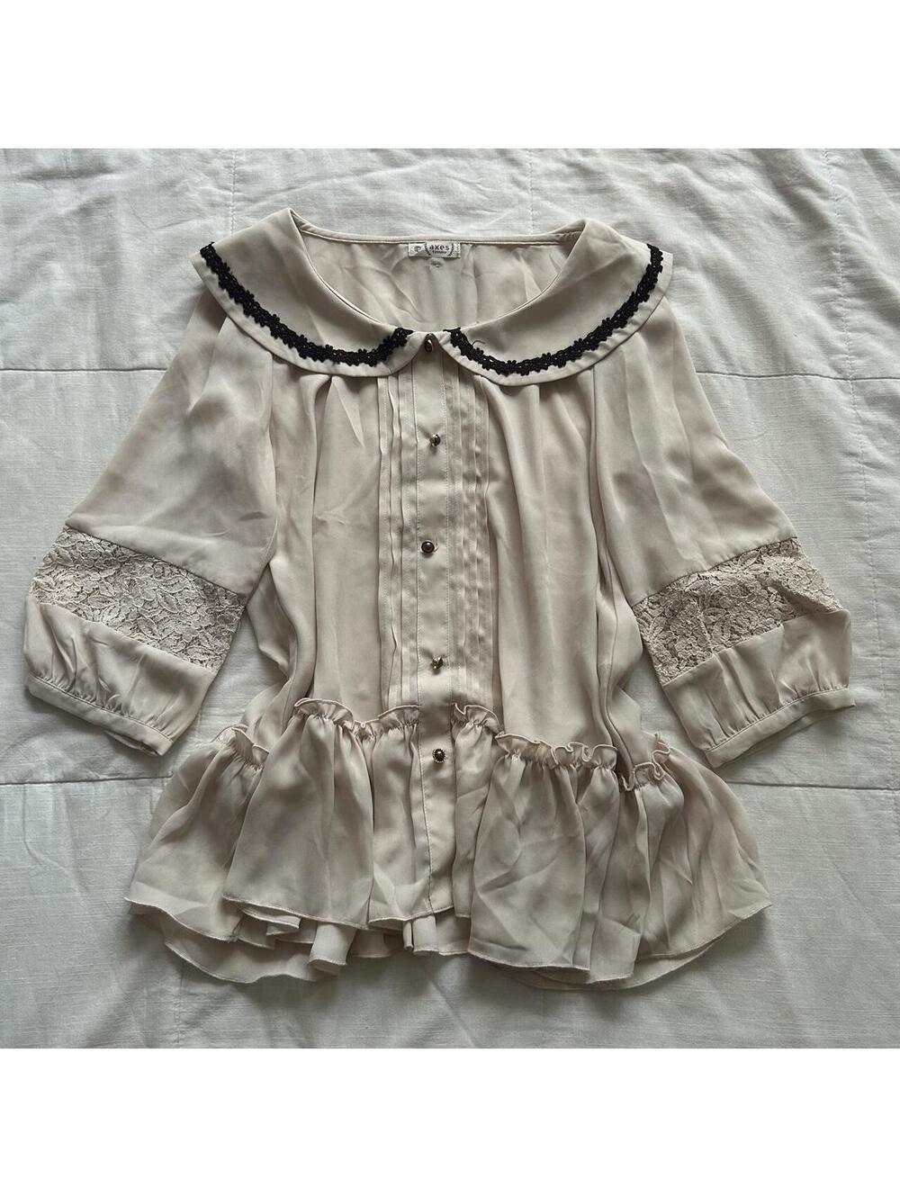 Axes Femme Cream Lace Peter Pan Collar Pintuck Peplum Blouse Medium Japan